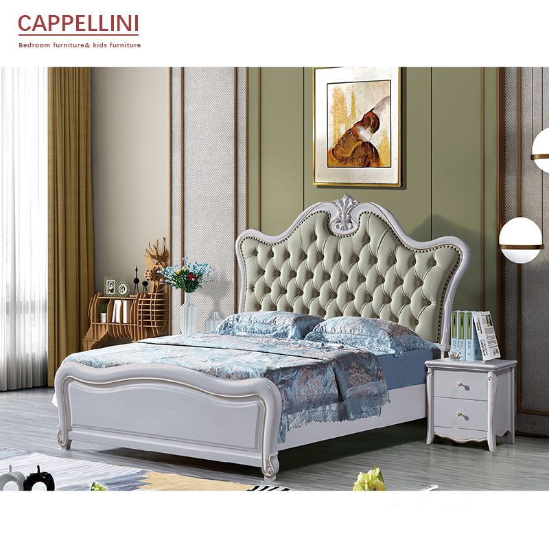 Luxury Antique European Style Solid Wood King Size Bed with 2 Side Table Bedroom Furniture