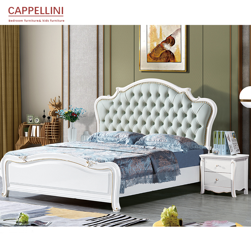 Luxury Antique European Style Solid Wood King Size Bed with 2 Side Table Bedroom Furniture
