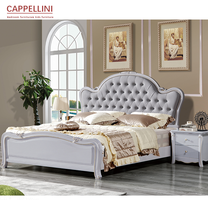 Luxury Antique European Style Solid Wood King Size Bed with 2 Side Table Bedroom Furniture