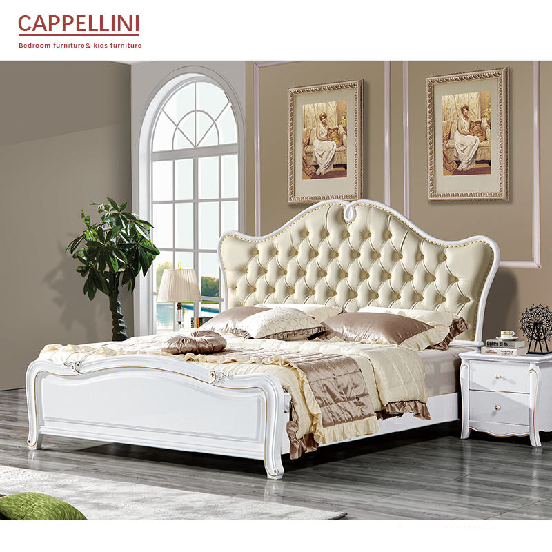 Luxury Antique European Style Solid Wood King Size Bed with 2 Side Table Bedroom Furniture