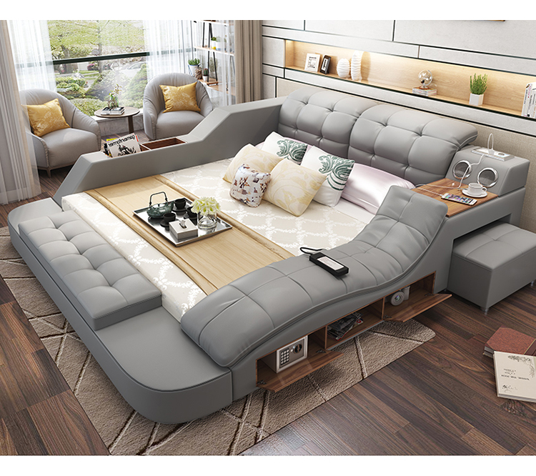 Modern leather Fabric Bed with Storage Box functio