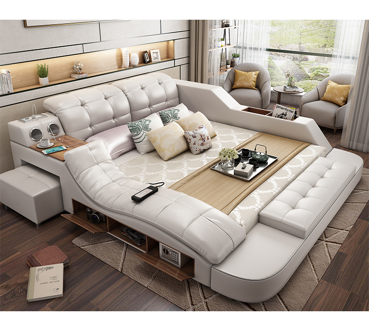 Modern leather Fabric Bed with Storage Box functio