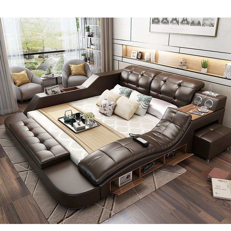 Modern leather Fabric Bed with Storage Box functio