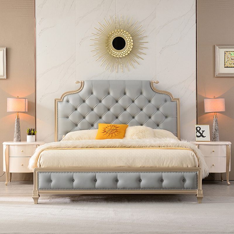 Modern Simple bedroom furniture set wooden grey leather bed luxury home furniture