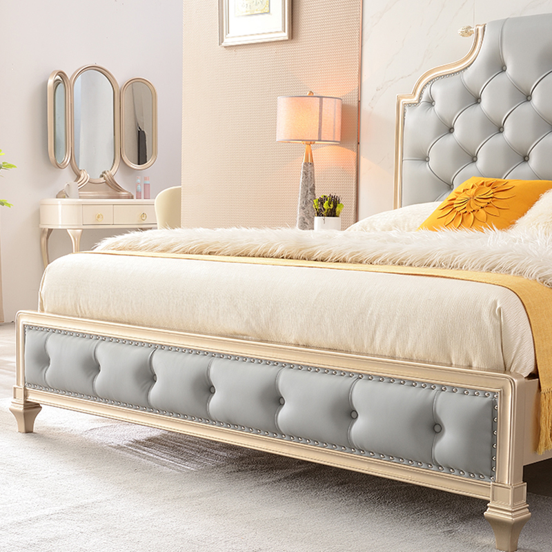 Modern Simple bedroom furniture set wooden grey leather bed luxury home furniture