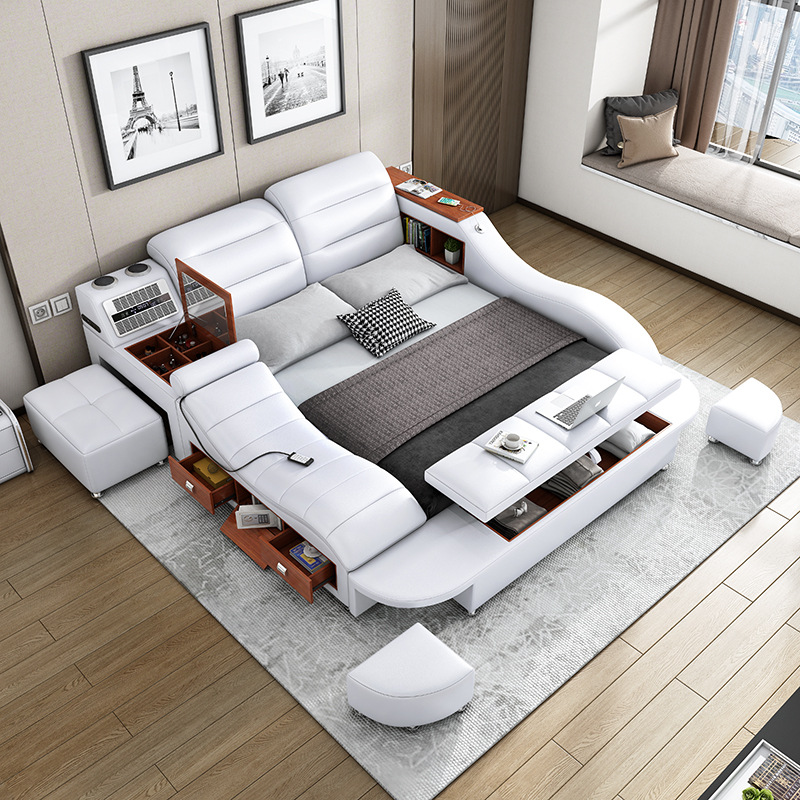 Luxury Bedroom Multi Function Leather King Size Bed Modern Storage Smart Message Tatami Double Bed L