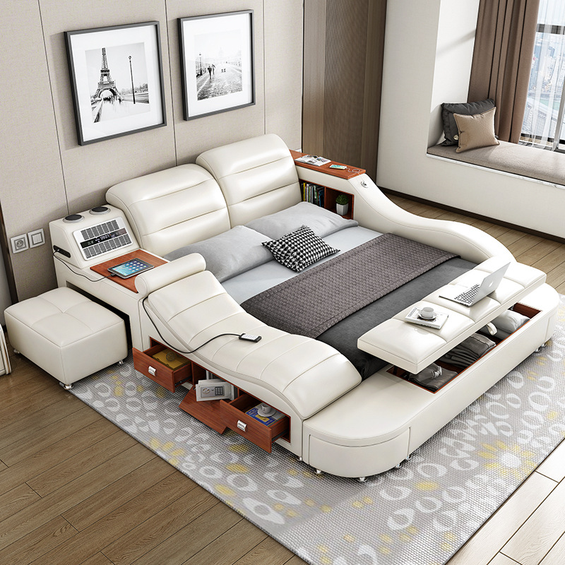Luxury Bedroom Multi Function Leather King Size Bed Modern Storage Smart Message Tatami Double Bed L