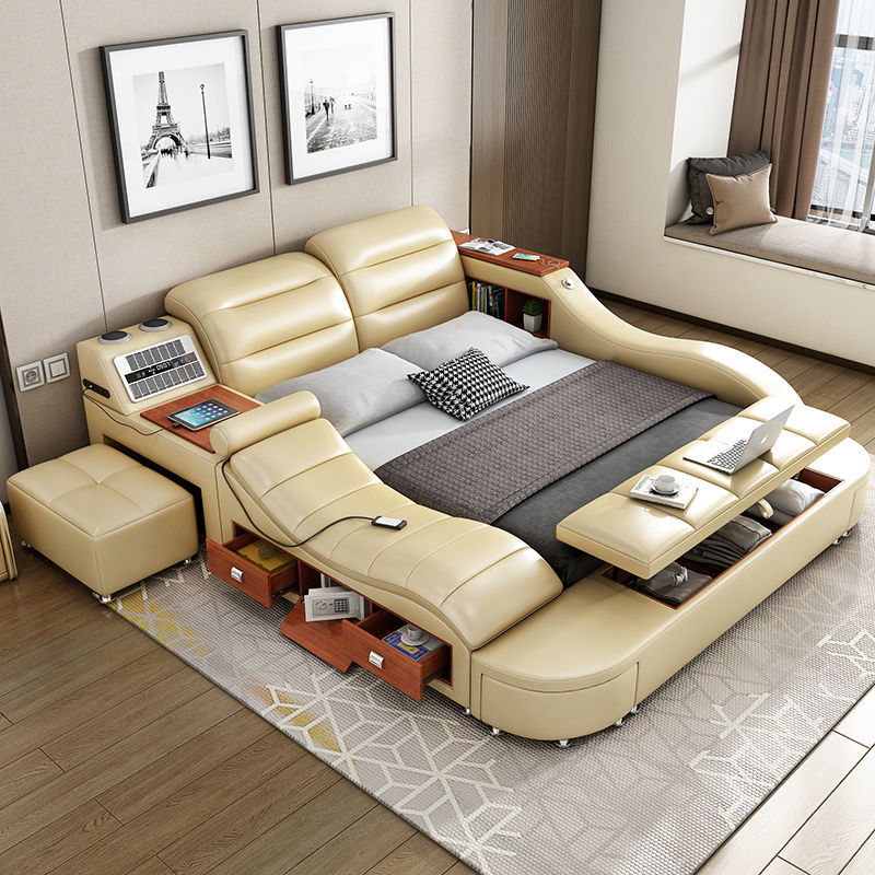Luxury Bedroom Multi Function Leather King Size Bed Modern Storage Smart Message Tatami Double Bed L