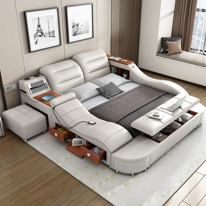 Luxury Bedroom Multi Function Leather King Size Bed Modern Storage Smart Message Tatami Double Bed L