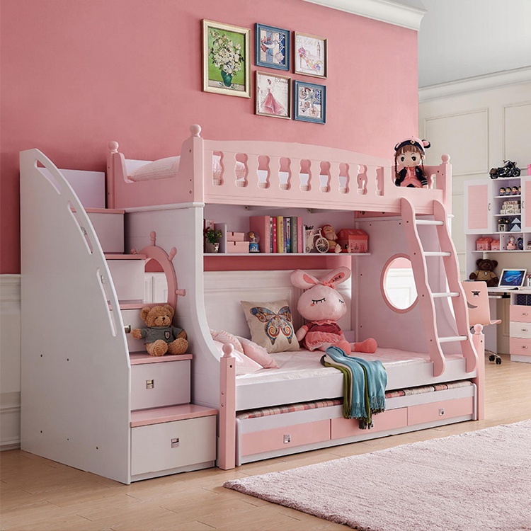 wooden Bunk bed cheap double colorful modern Children bedroom furniture pink Factory directly wooden