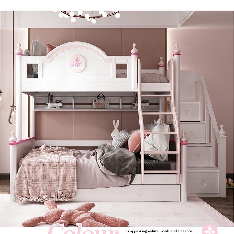 wooden Bunk bed cheap double colorful modern Children bedroom furniture pink Factory directly wooden