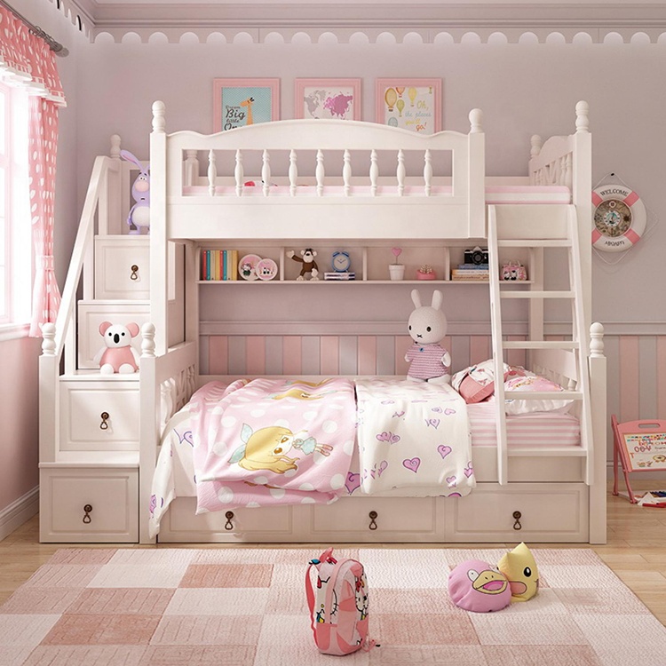 wooden Bunk bed cheap double colorful modern Children bedroom furniture pink Factory directly wooden
