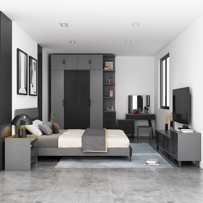 Hot Sale 2022 Elegant Dark Grey Modern Bedroom Furniture Full Bedroom Set Wooden Bed With Storage Dr