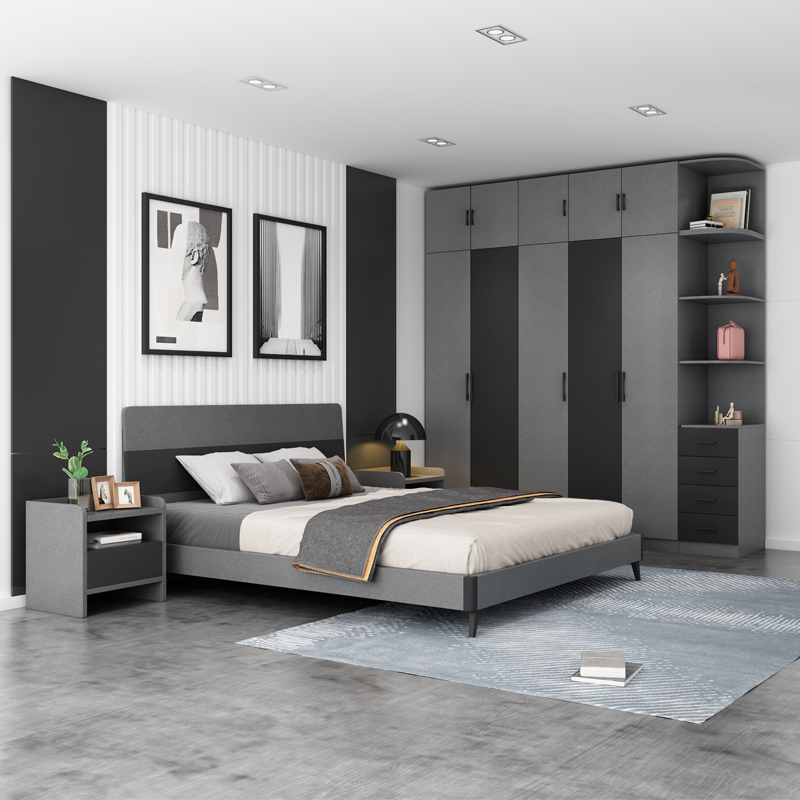 Hot Sale 2022 Elegant Dark Grey Modern Bedroom Furniture Full Bedroom Set Wooden Bed With Storage Dr