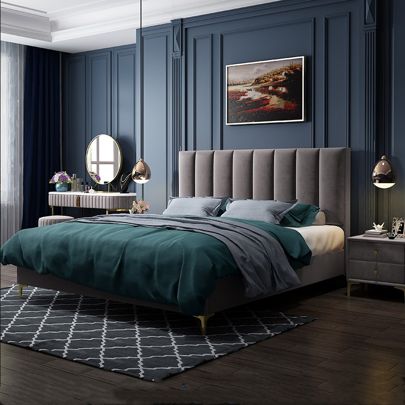 OEM Factory green and gold bed velvet fabric modern queen size bed frame for bedroom furniture solid