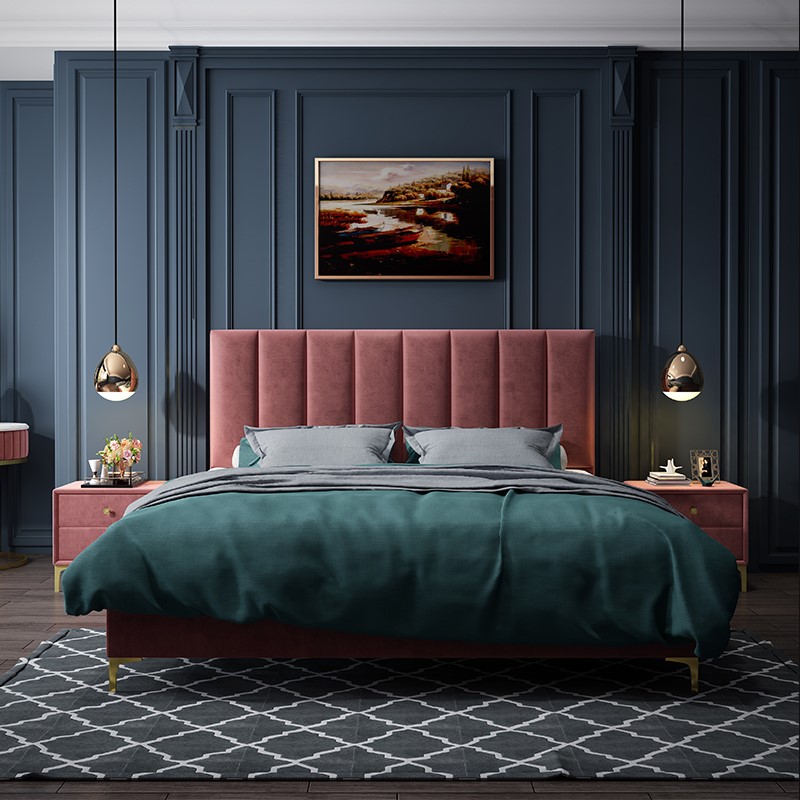 OEM Factory green and gold bed velvet fabric modern queen size bed frame for bedroom furniture solid