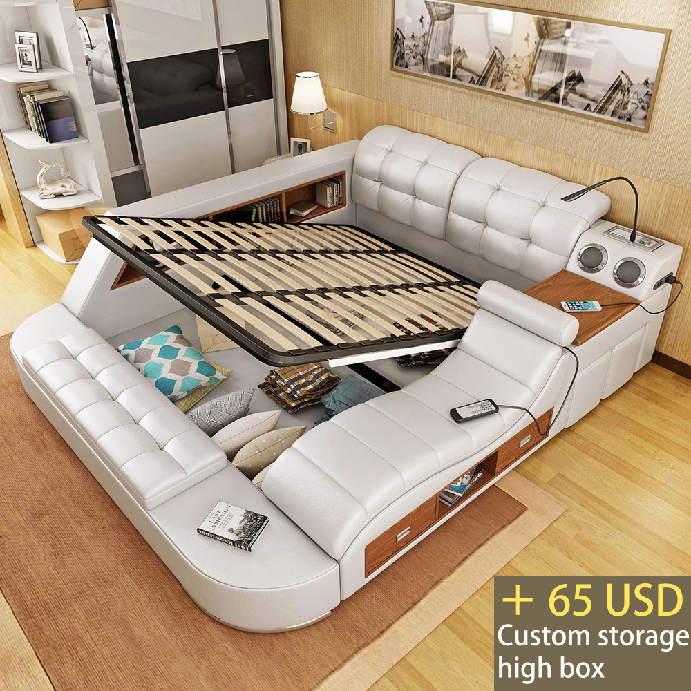 Luxury King Size Massage Bed Leather With Audio Multifunctional Smart Bed Room Furniture