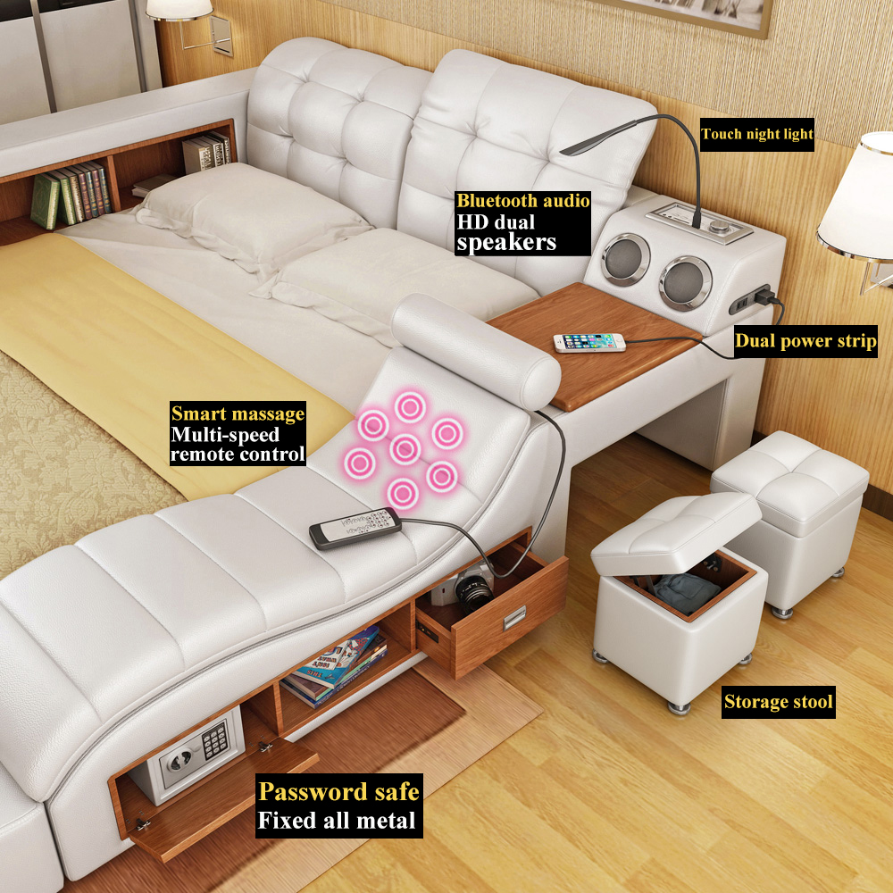 Luxury King Size Massage Bed Leather With Audio Multifunctional Smart Bed Room Furniture