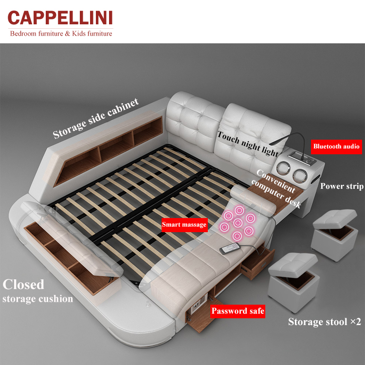 Luxury King Size Massage Bed Leather With Audio Multifunctional Smart Bed Room Furniture