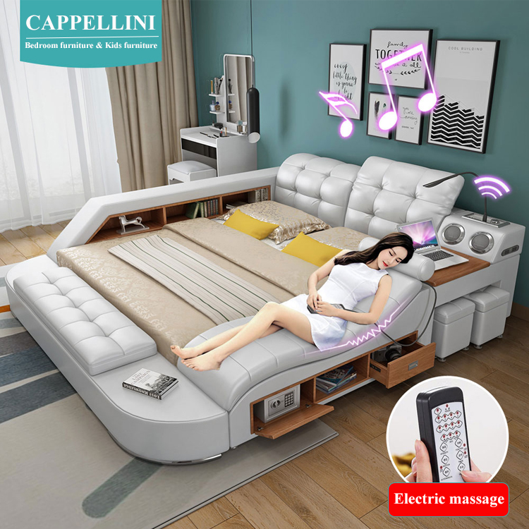 Luxury King Size Massage Bed Leather With Audio Multifunctional Smart Bed Room Furniture