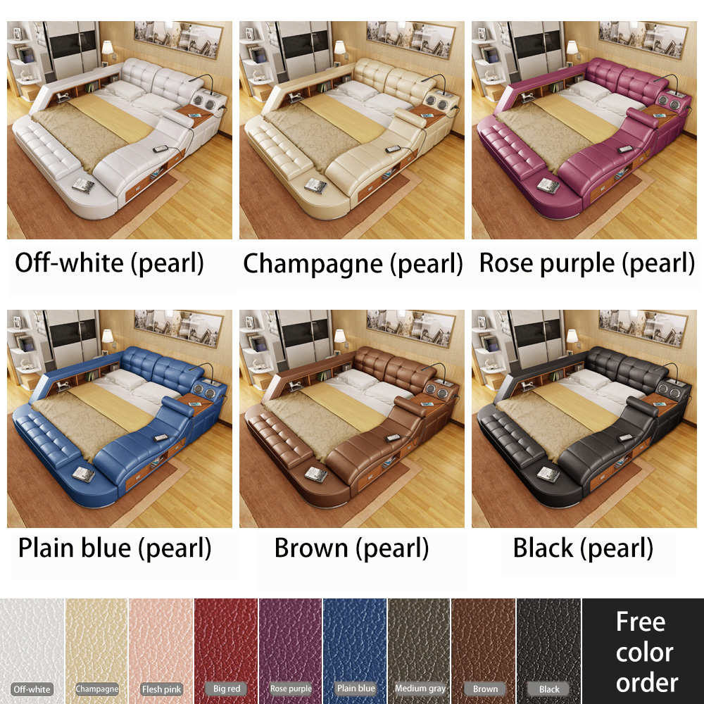 Luxury King Size Massage Bed Leather With Audio Multifunctional Smart Bed Room Furniture