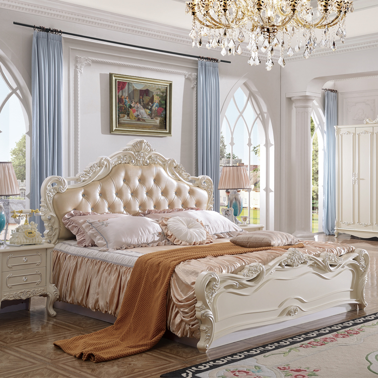modern european solid wood bed Fashion Carved french bedroom furniture