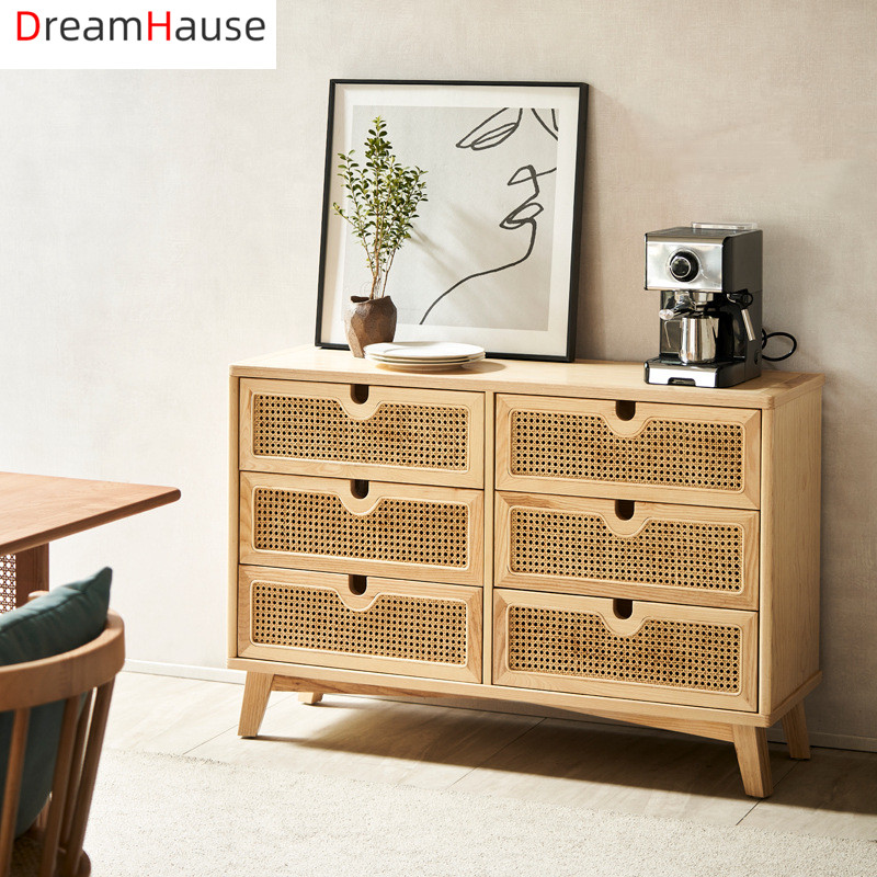 Dreamhause Nordic Solid Wood  Sideboard Rattan Storage Cabinet Home Lving Room Dining Room Bedroom H