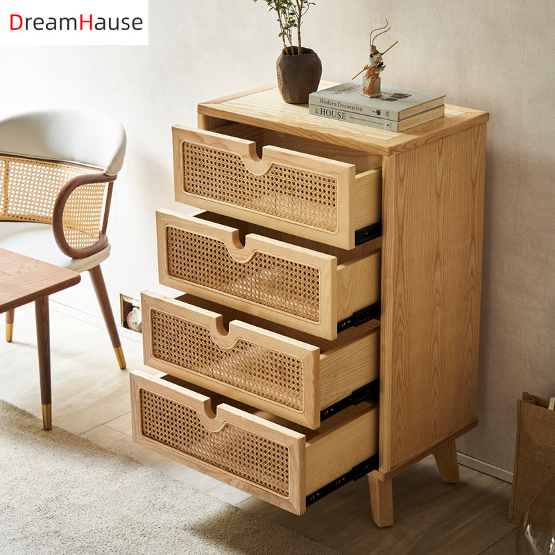Dreamhause Nordic Solid Wood  Sideboard Rattan Storage Cabinet Home Lving Room Dining Room Bedroom H