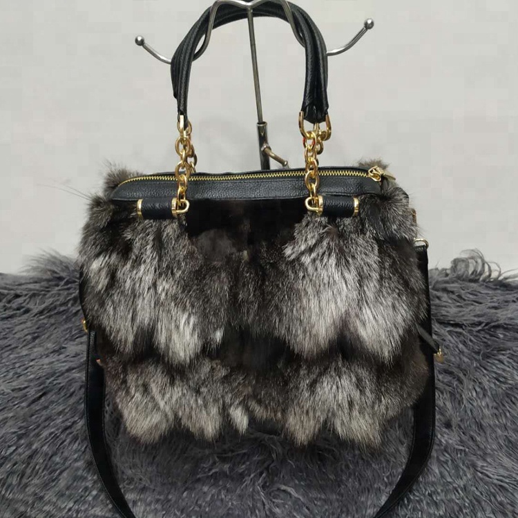 Women Winter Sliver Fox Fur Shoulder Bag Large Tote Clutch Purse Handbag