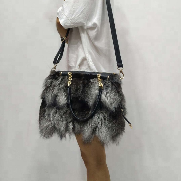 Women Winter Sliver Fox Fur Shoulder Bag Large Tote Clutch Purse Handbag
