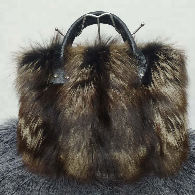 Women Winter Sliver Fox Fur Shoulder Bag Large Tote Clutch Purse Handbag