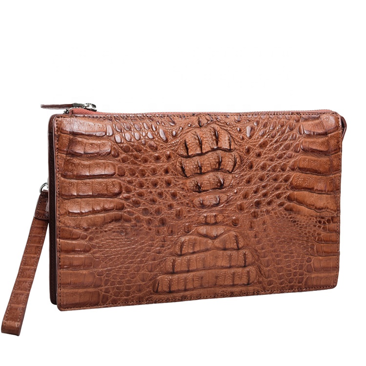 Handmade exotic leather zipper clutch bag with hand strap Thailand women crocodile bags caiman handb