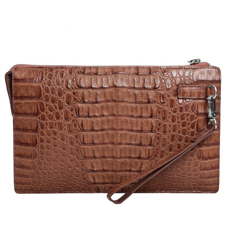 Handmade exotic leather zipper clutch bag with hand strap Thailand women crocodile bags caiman handb