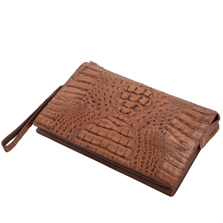 Handmade exotic leather zipper clutch bag with hand strap Thailand women crocodile bags caiman handb