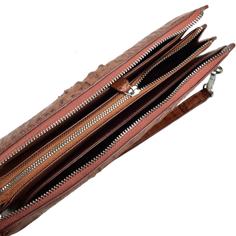 Handmade exotic leather zipper clutch bag with hand strap Thailand women crocodile bags caiman handb