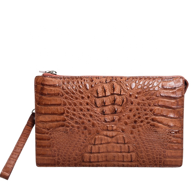 Handmade exotic leather zipper clutch bag with hand strap Thailand women crocodile bags caiman handb