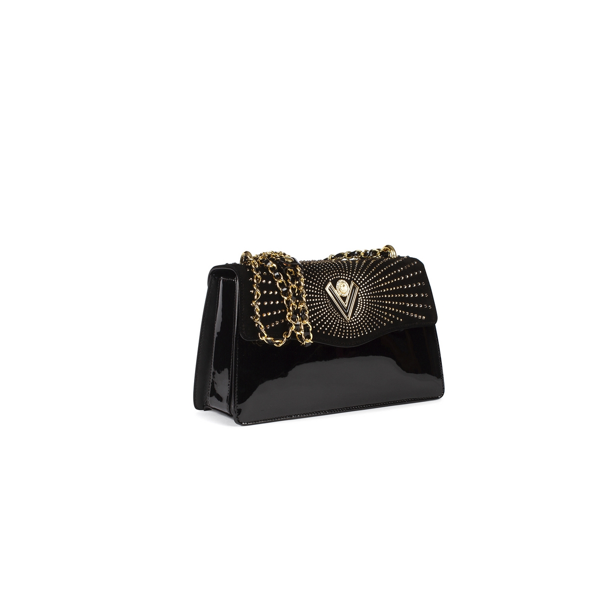 BLACK LEATHER SHOULDER BAG 6897 WITH RHINESTONES FOR WOMEN