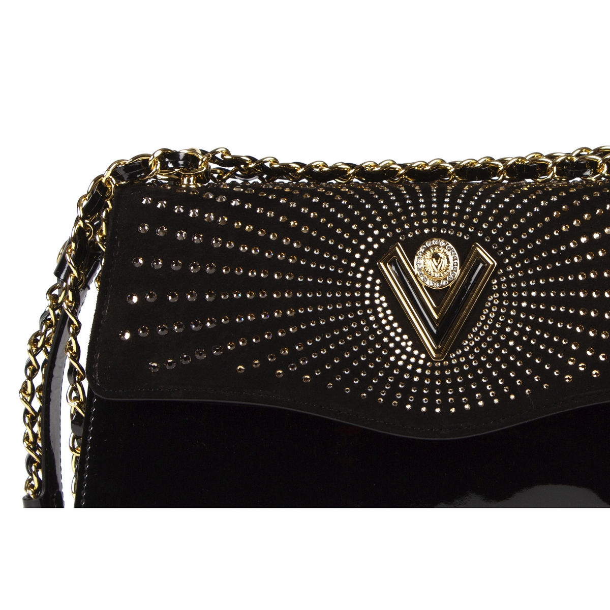 BLACK LEATHER SHOULDER BAG 6897 WITH RHINESTONES FOR WOMEN