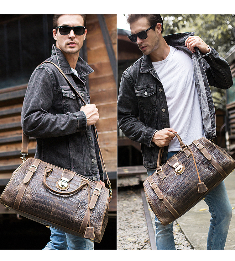 Luxury Genuine Leather Mens Crocodile Embossed Weekend Travel Bag Leather Luggage bag