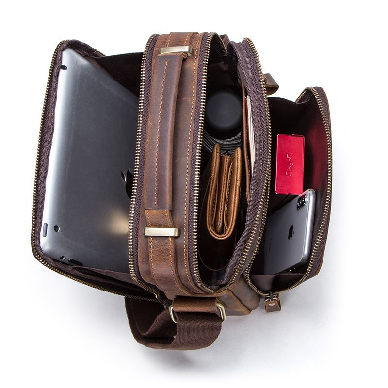 Contact's vintage crazy horse leather 9.7 inch pad genuine leather men anti theft shoulder messenger