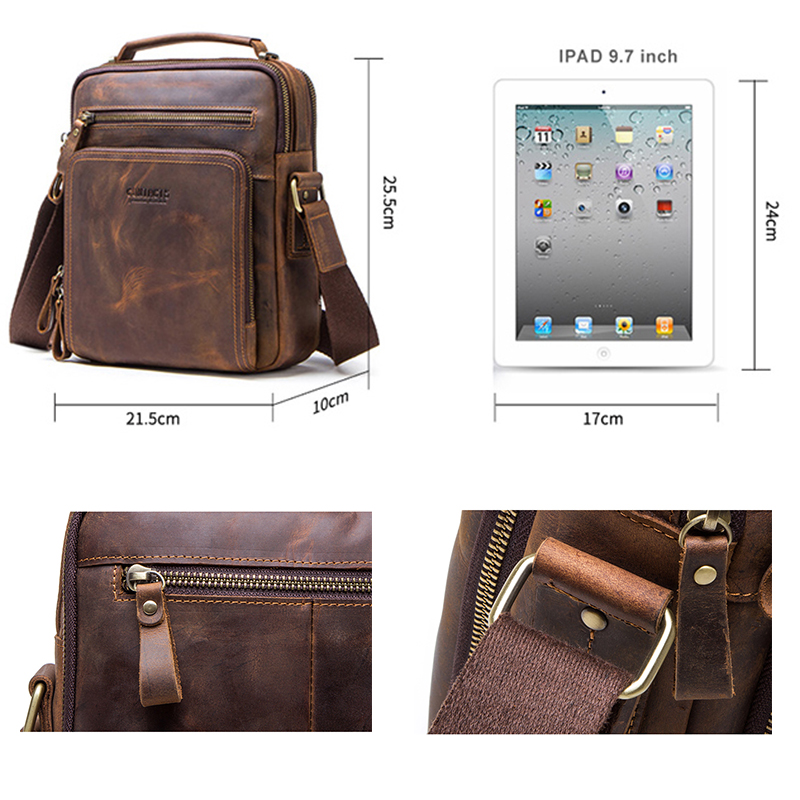 Contact's vintage crazy horse leather 9.7 inch pad genuine leather men anti theft shoulder messenger