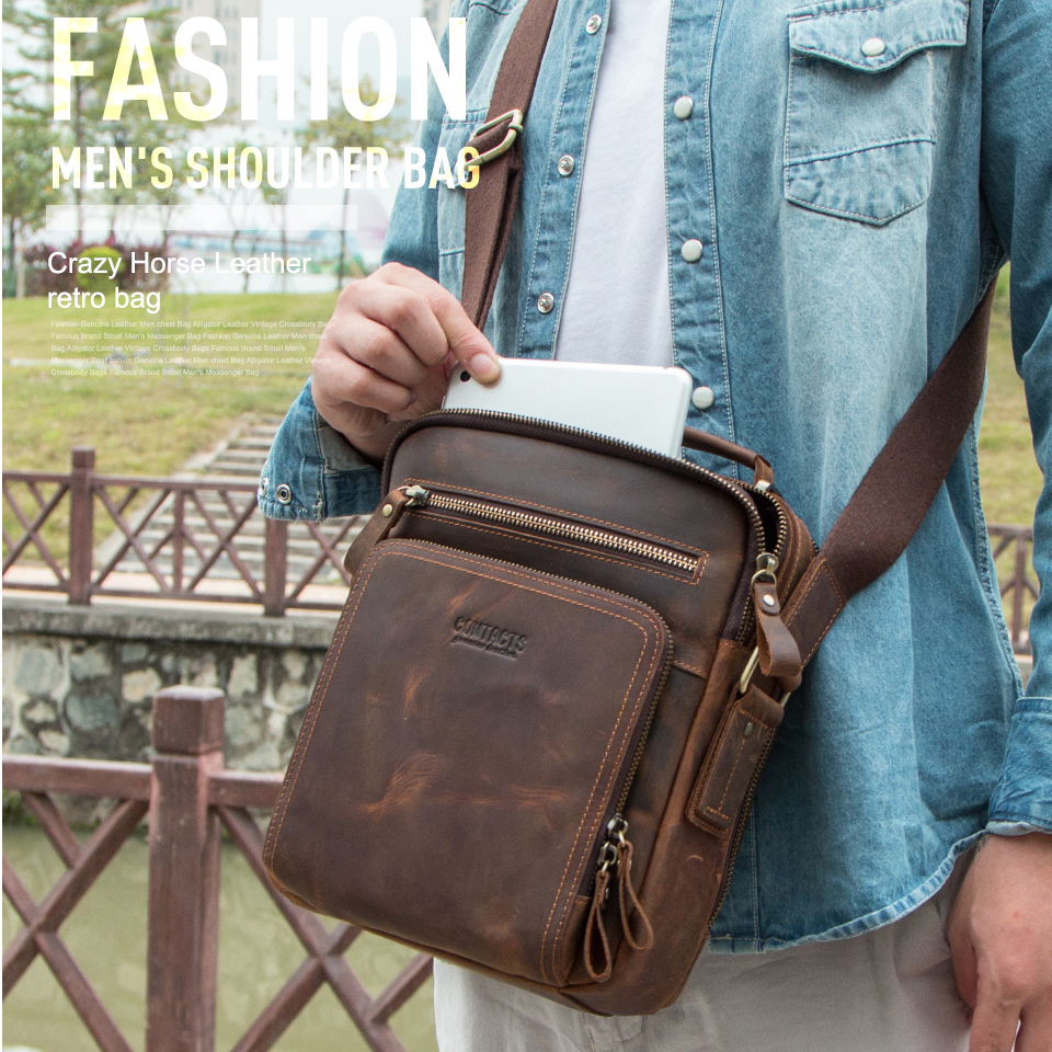 Contact's vintage crazy horse leather 9.7 inch pad genuine leather men anti theft shoulder messenger