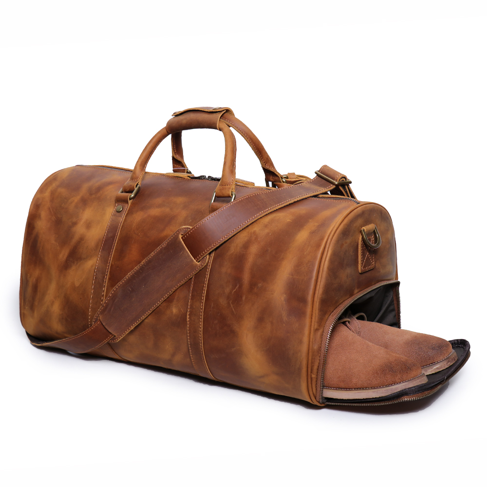 Vintage Brown Crazy Horse Leather Duffle Weekend Duffel Bag with Shoes Compartment Real Leather Trav