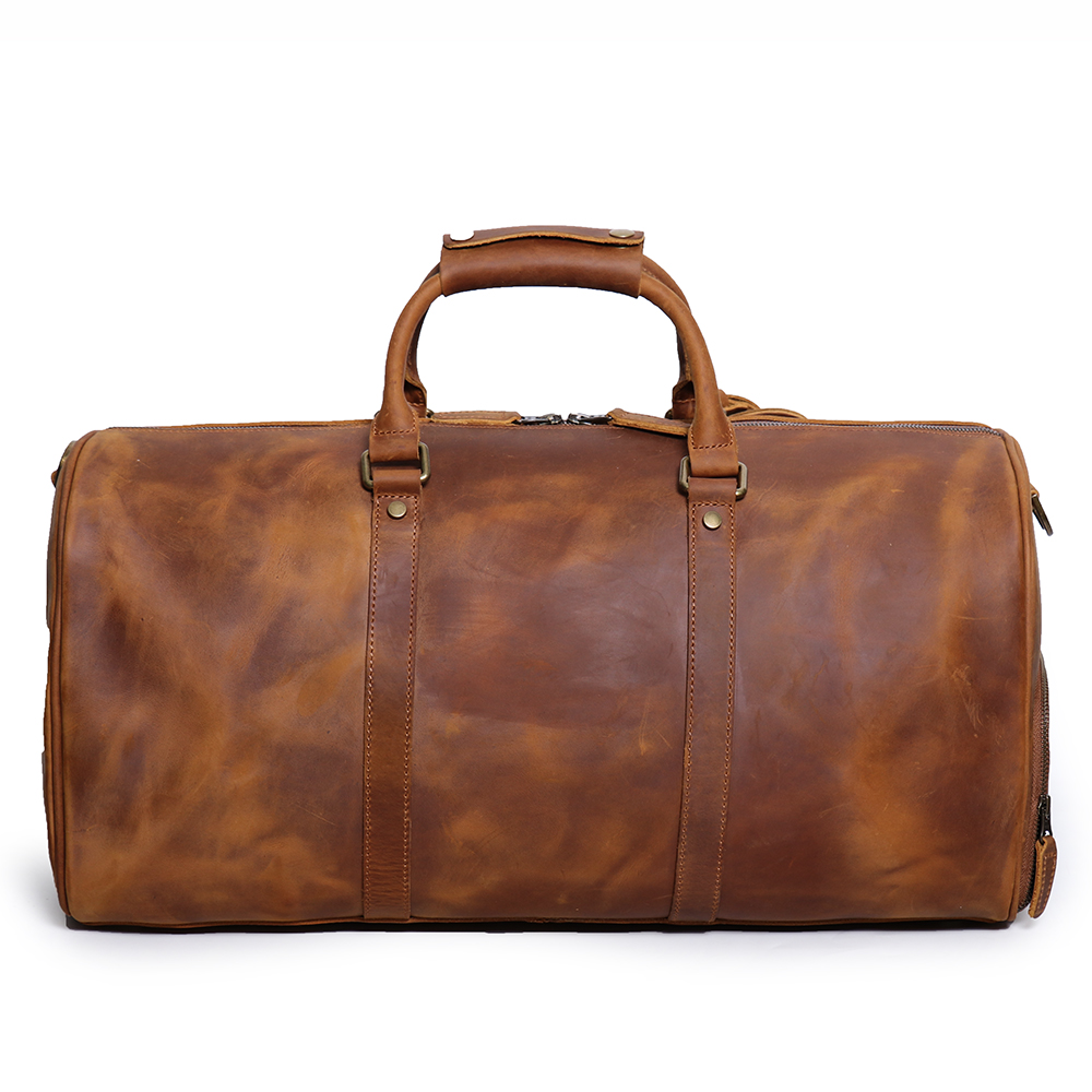 Vintage Brown Crazy Horse Leather Duffle Weekend Duffel Bag with Shoes Compartment Real Leather Trav