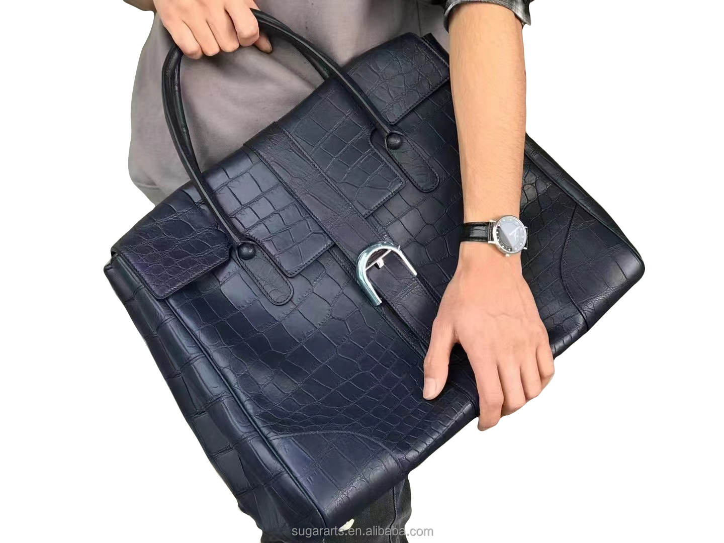 The new fashion travel bag high-capacity neutral gender bags Navy blue mixed crocodile embossed bag