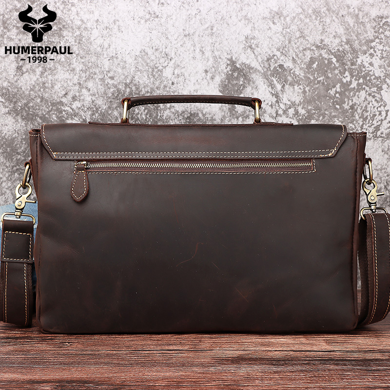 HUMERPAUL Dropship Wholesale Vintage Crazy Horse Leather Briefcase Men Satchel Genuine Leather Soft 