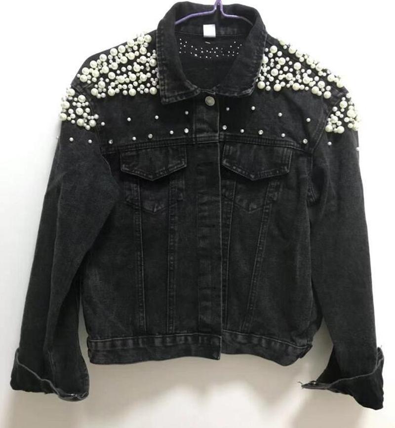 Pearl Denim Jacket Blue Jean Long Pearled Cropped 