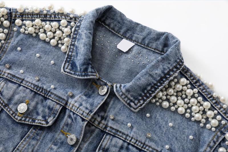 Pearl Denim Jacket Blue Jean Long Pearled Cropped 