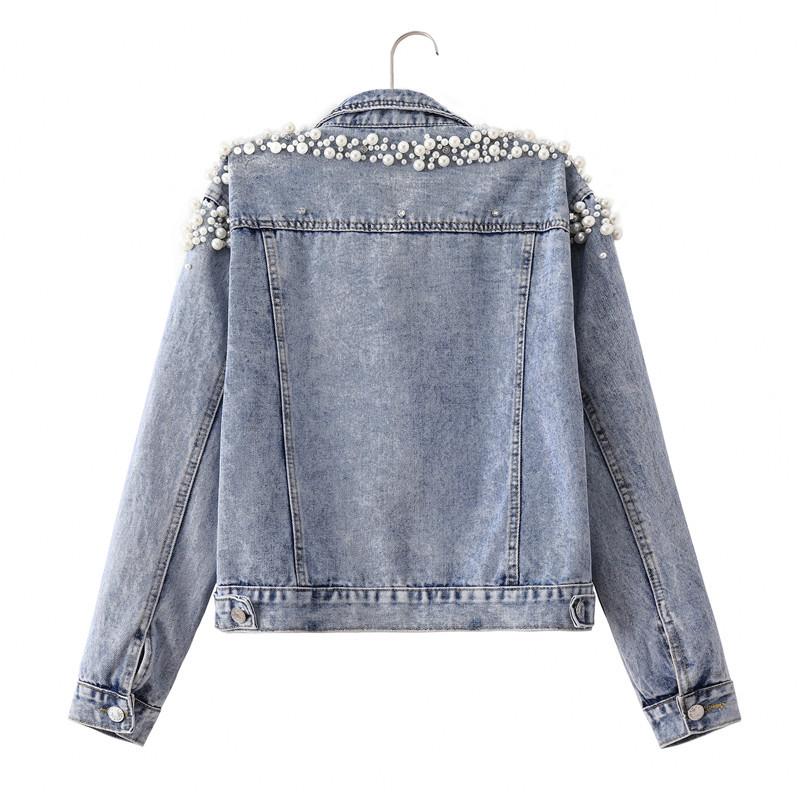 Pearl Denim Jacket Blue Jean Long Pearled Cropped 