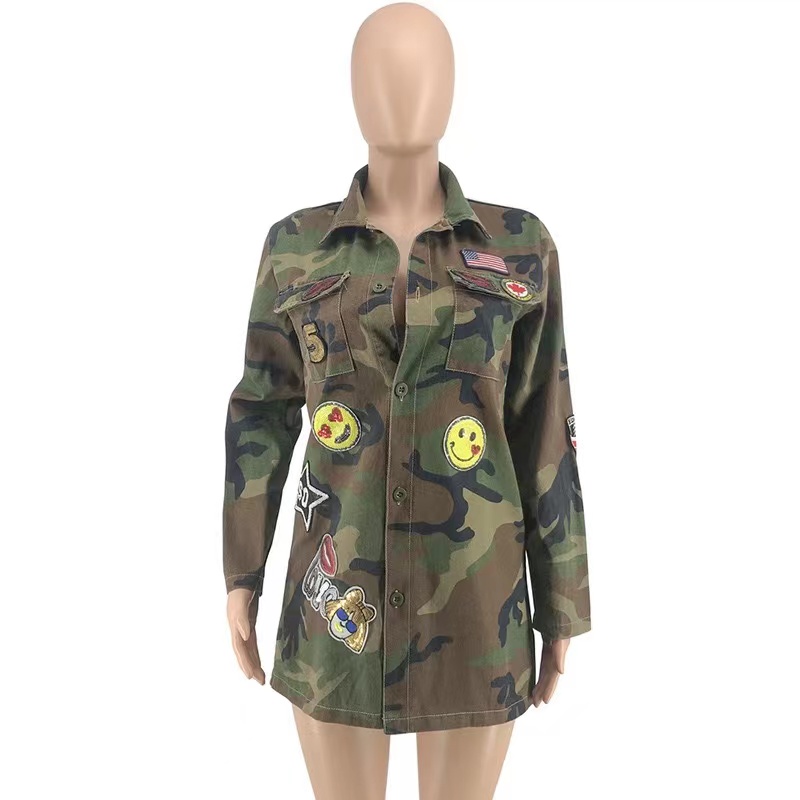 Camouflage Printing Applique Coat Long Sleeve Shir